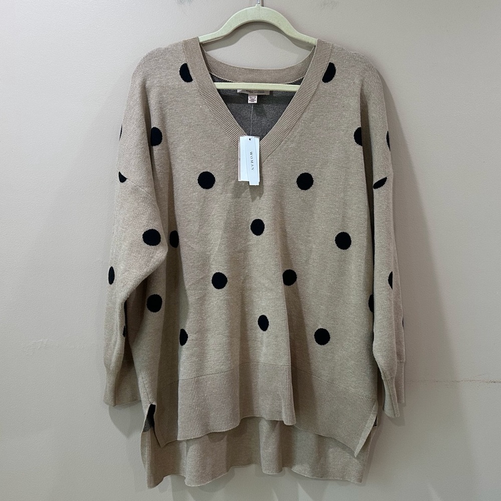 NWT Philosophy Polka Dot V-Neck Sweater Top Camel Black Knit Womens Plus 2X